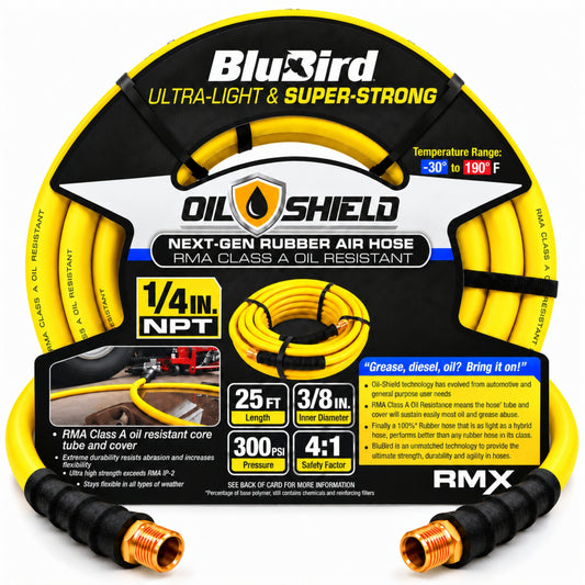 BLUBIRD Oil Shield - Lightest, Strongest, Flexible Rubber Air Hose (3/8" x 25')