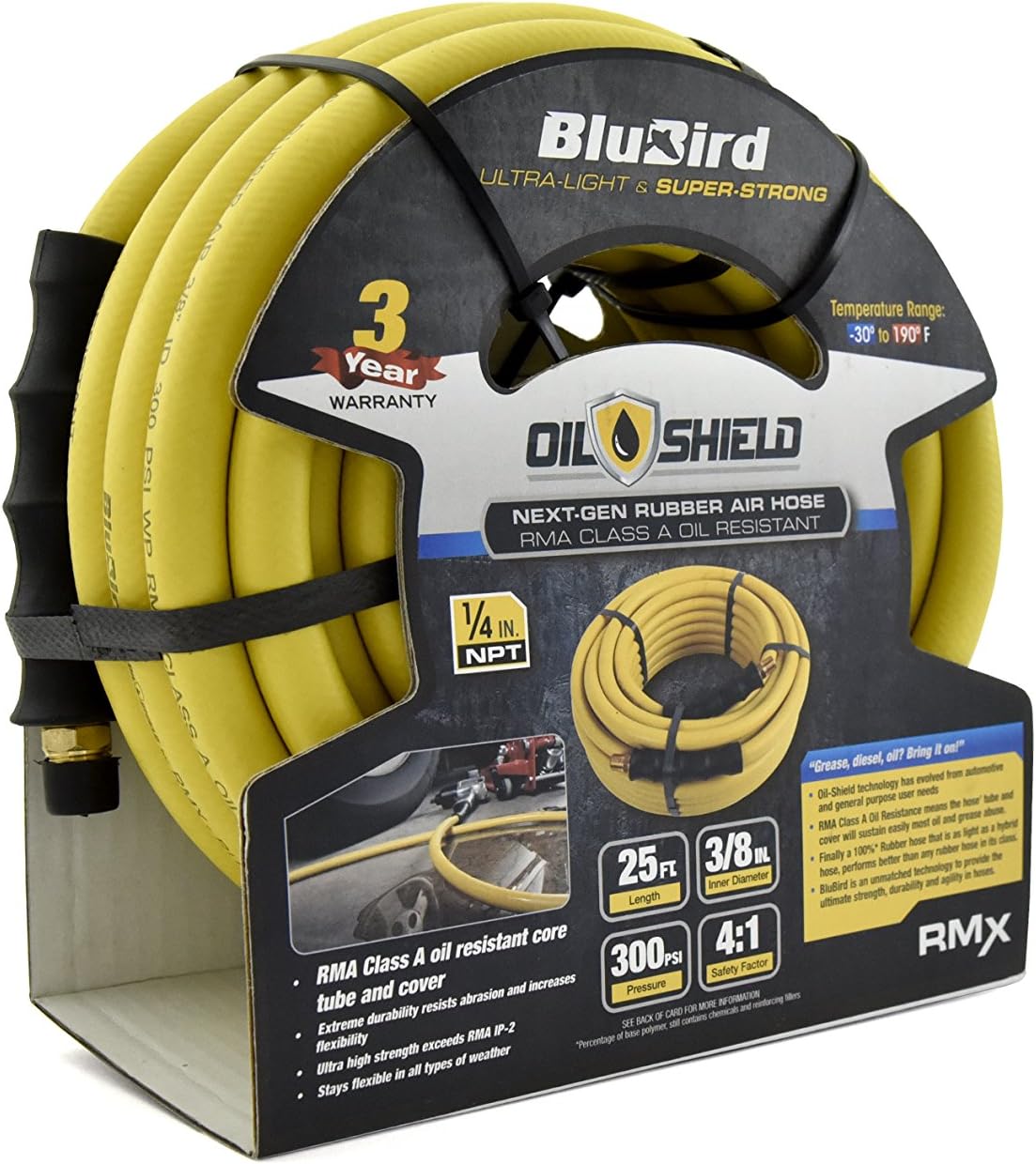 BLUBIRD Oil Shield - Lightest, Strongest, Flexible Rubber Air Hose (3/8" x 25')
