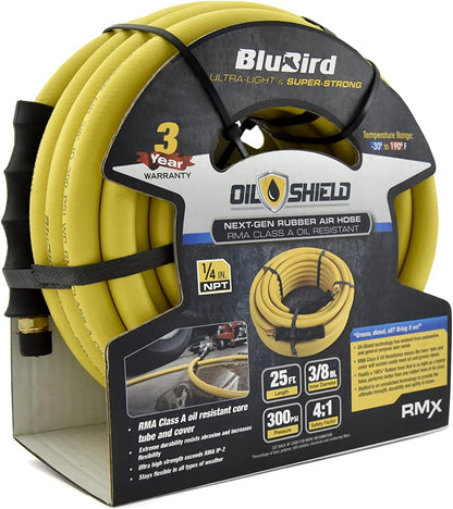 BLUBIRD Oil Shield - Lightest, Strongest, Flexible Rubber Air Hose (3/8" x 25')