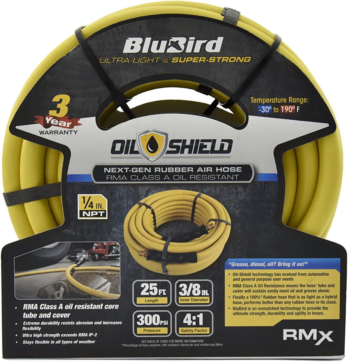 BLUBIRD Oil Shield - Lightest, Strongest, Flexible Rubber Air Hose (3/8" x 25')