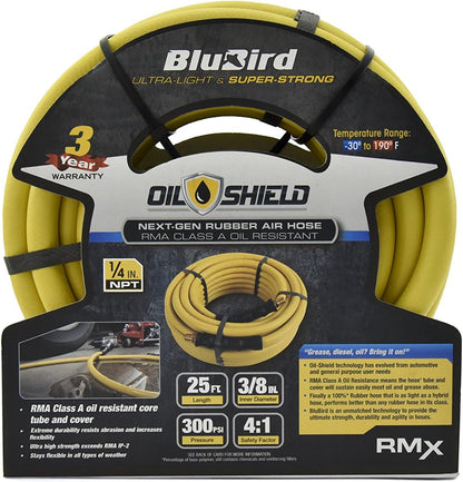 BLUBIRD Oil Shield - Lightest, Strongest, Flexible Rubber Air Hose (3/8" x 25')