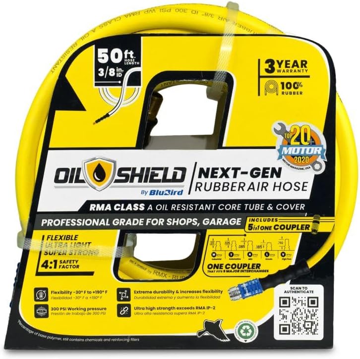 OilShield Rubber Air Hose 3/8" X 50' - 3/8" Male-NPT, 300 PSI, Nitrile Class A
