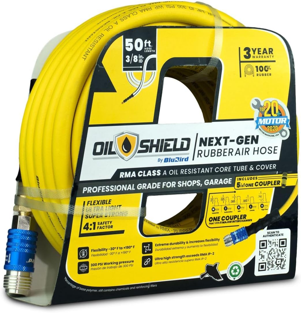 OilShield Rubber Air Hose 3/8" X 50' - 3/8" Male-NPT, 300 PSI, Nitrile Class A