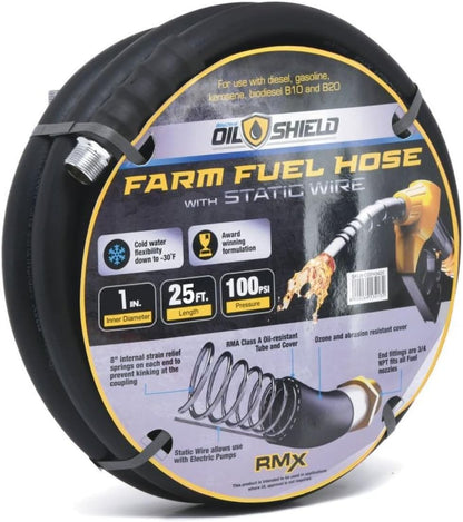 OIL SHIELD 1" x 25 ft Rubber Farm Fuel Transfer Hose with Static Wire
