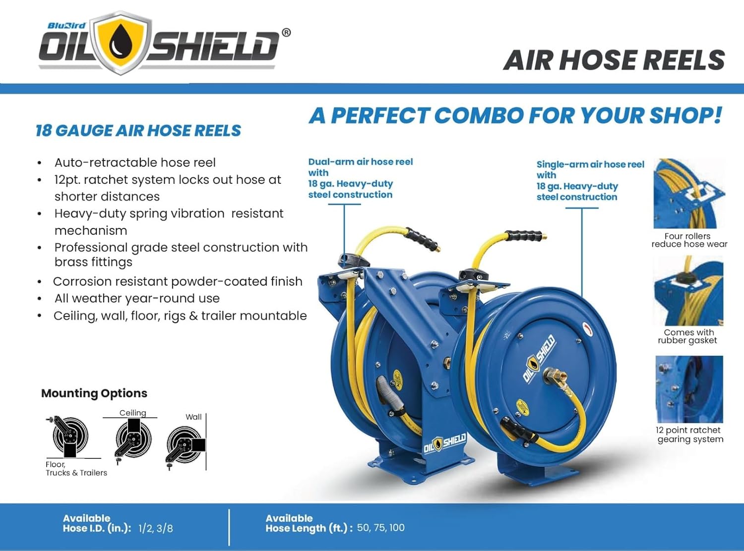 OilShield Rubber Air Hose Reel-HD Outlet - 1/2" M-NPT & Reel Inlet 1/2" M- NPT