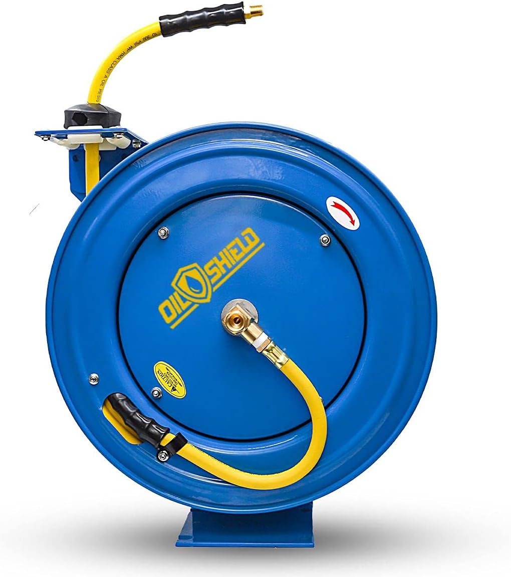 OIL SHIELD 20ga. Retractable Hose Reel with 3/8" x 75' Air Hose, 3' Lead-in Hose