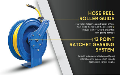 OIL SHIELD 20ga. Retractable Hose Reel with 3/8" x 75' Air Hose, 3' Lead-in Hose