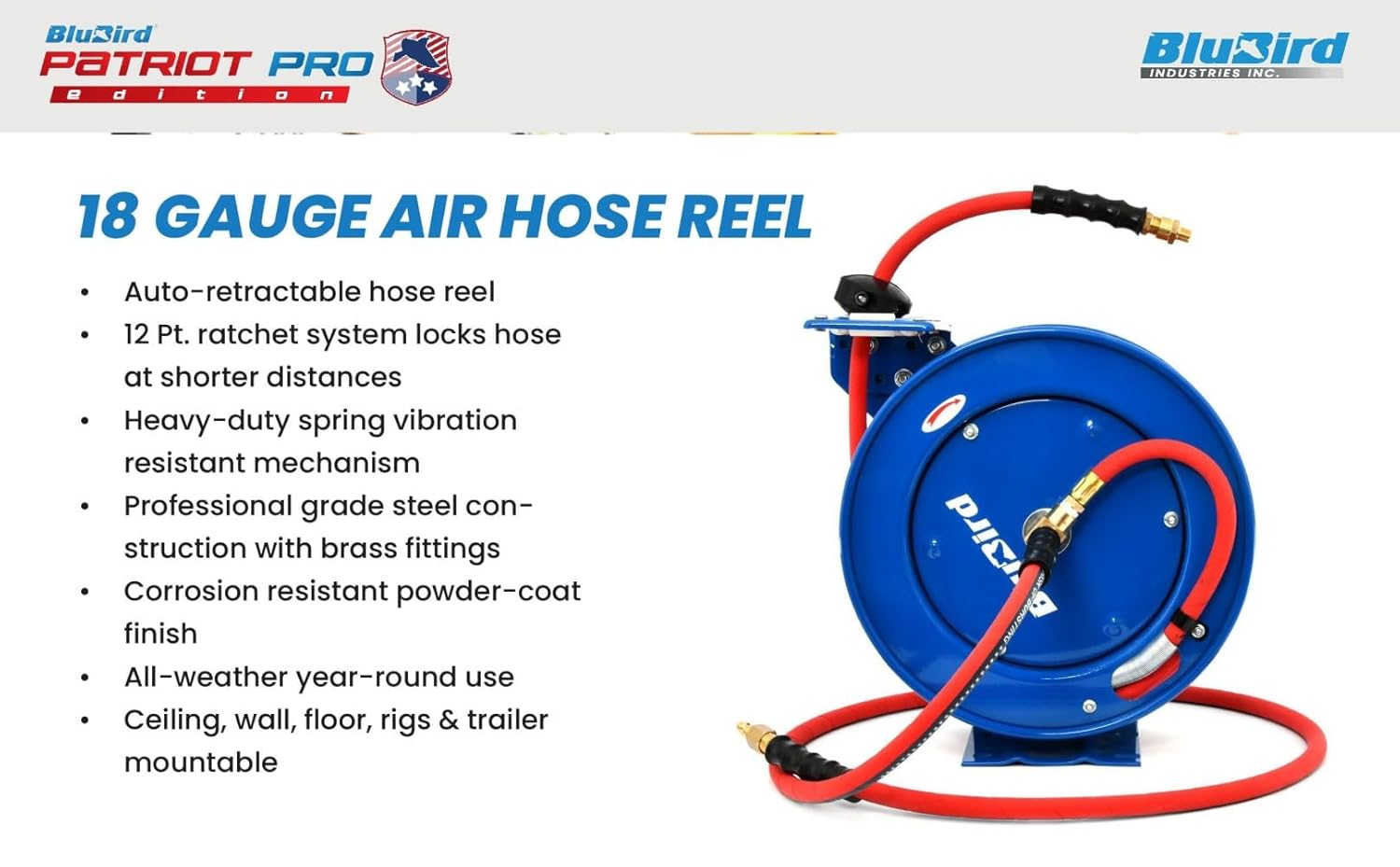 BluBird Patriot Pro Heavy-duty Retractable Rubber Air Hose Reel Outlet - 3/8"