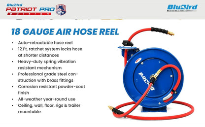 BluBird Patriot Pro Heavy-duty Retractable Rubber Air Hose Reel Outlet - 3/8"