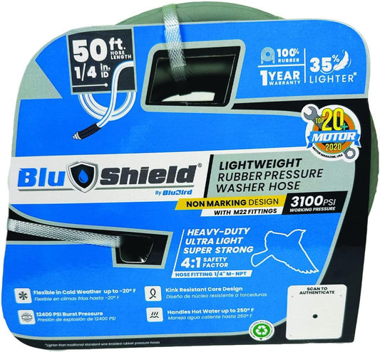 BluShield PW1425-NM 1/4" x 50' Polyester Braided Rubber Pressure Washer Hose