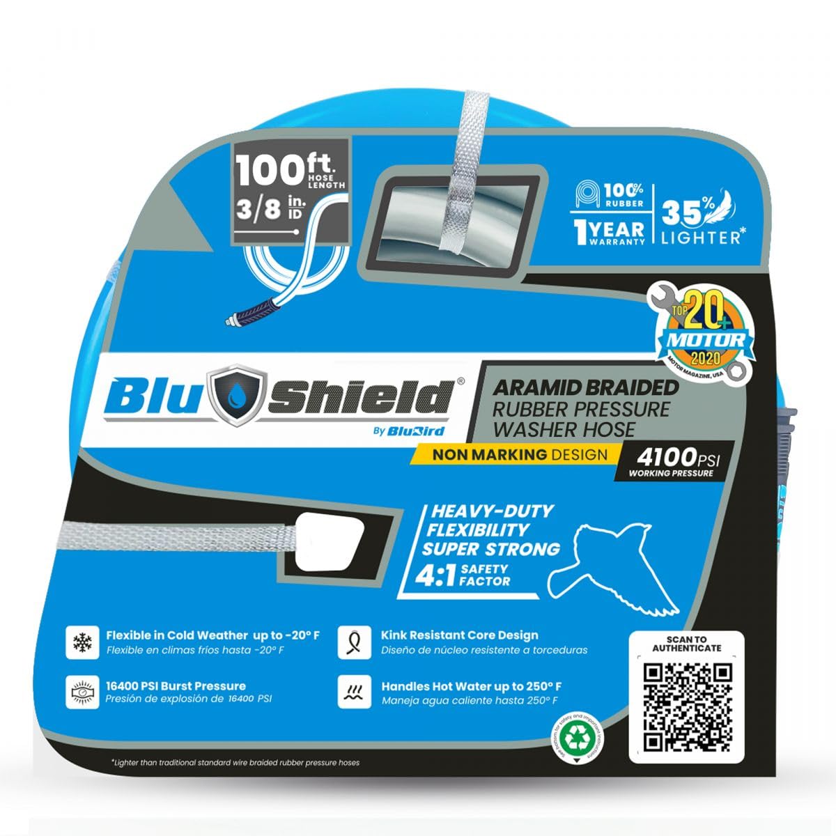 BluShield Aramid Braided Rubber Pressure Washer Hose, 3/8" x 100' Non Marking