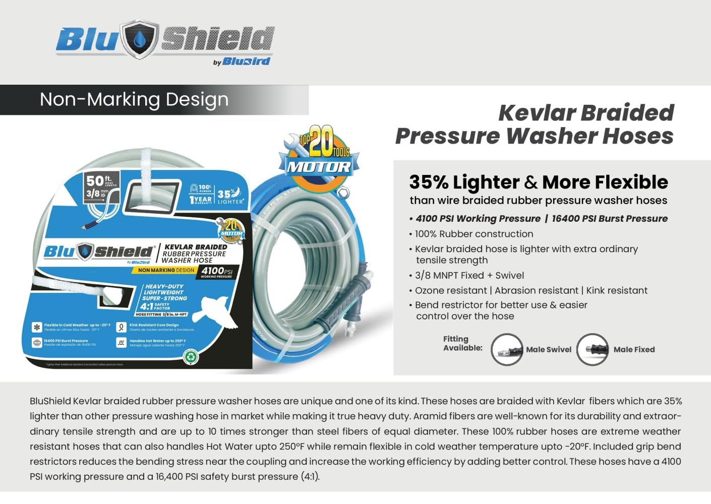 BluShield Aramid Braided Rubber Pressure Washer Hose, 3/8" x 100' Non Marking