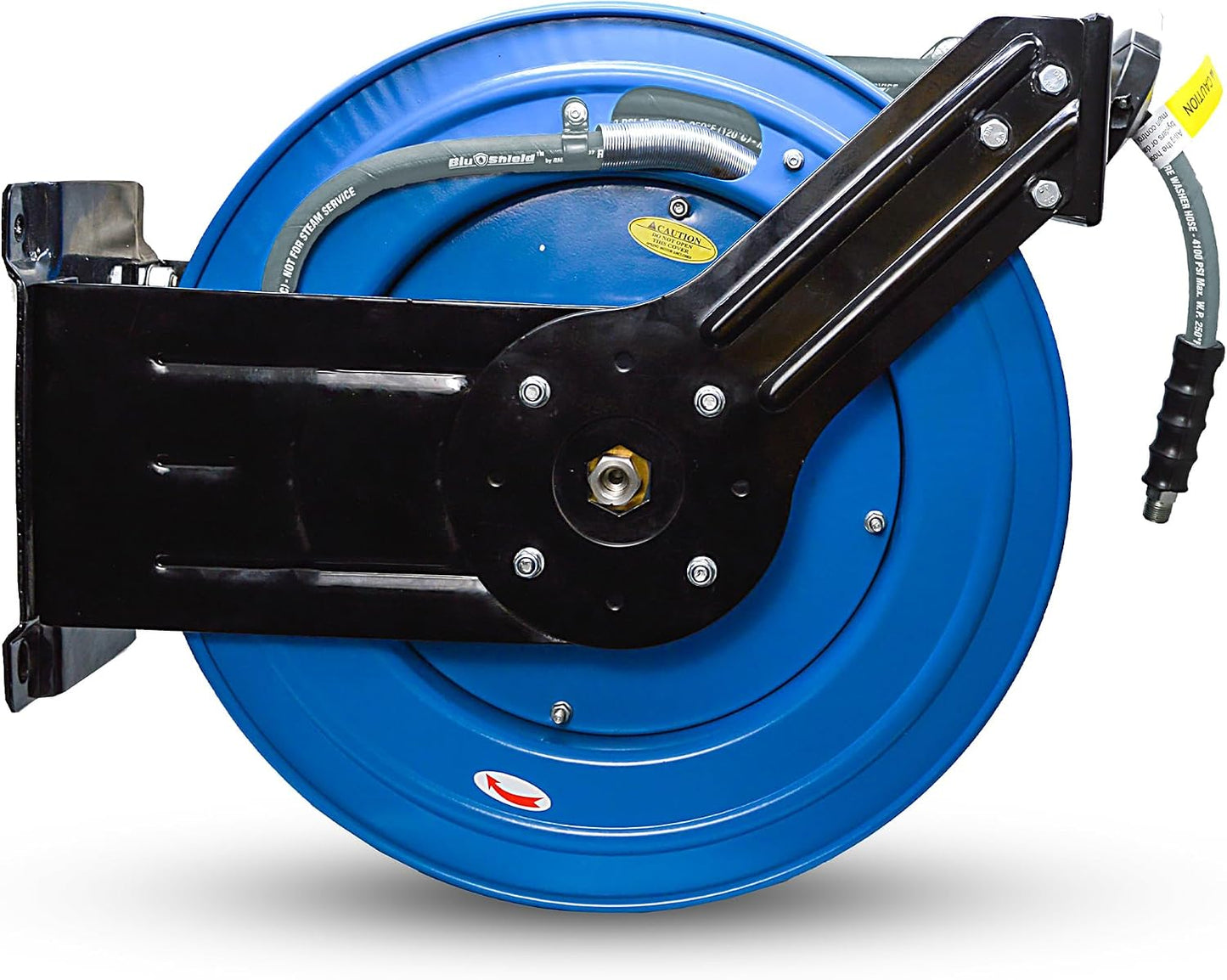 Blu Shield 3/8" x 100' Rubber Pressure Washer Hose Reel – Dual Arm Steel Frame