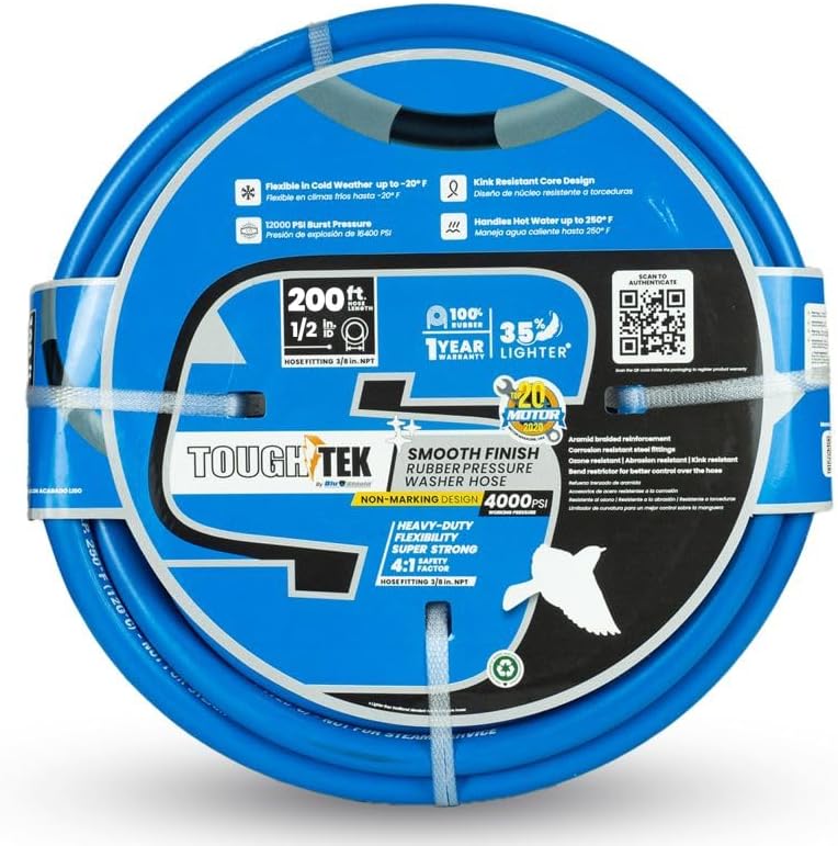 Aramid Braided 1/2" Pressure Washer Hose by ToughTek: 4000PSI, Non-Marking
