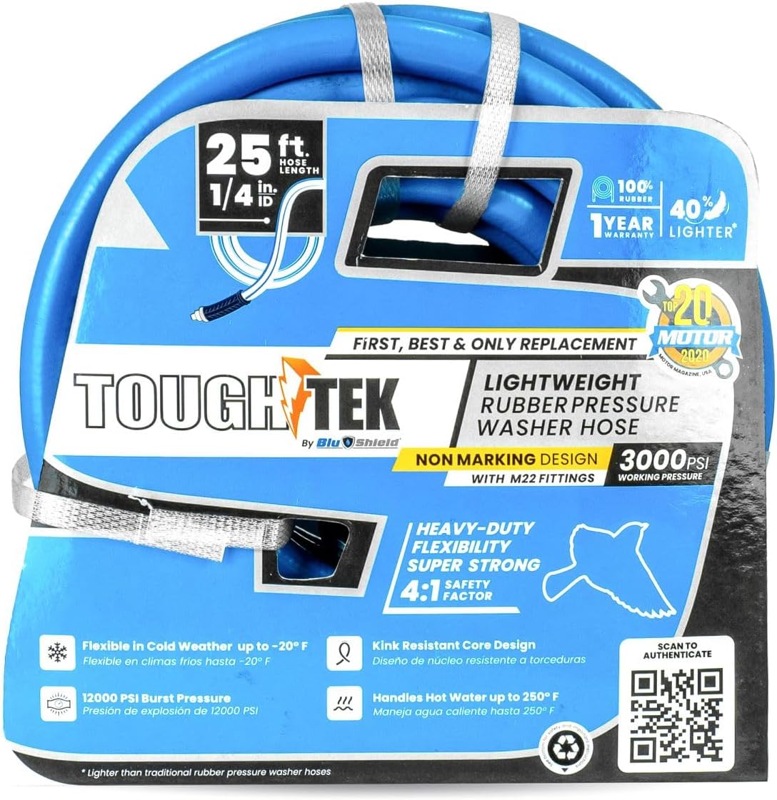Blu Shield Tough Tek Rubber Pressure Washing Hose 1/4" X 25'