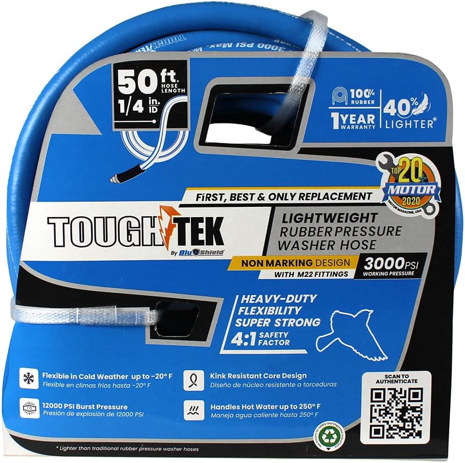Tough-Tek Rubber Pressure Washing Hose 1/4" x 50' with M22 Coupler – Blue