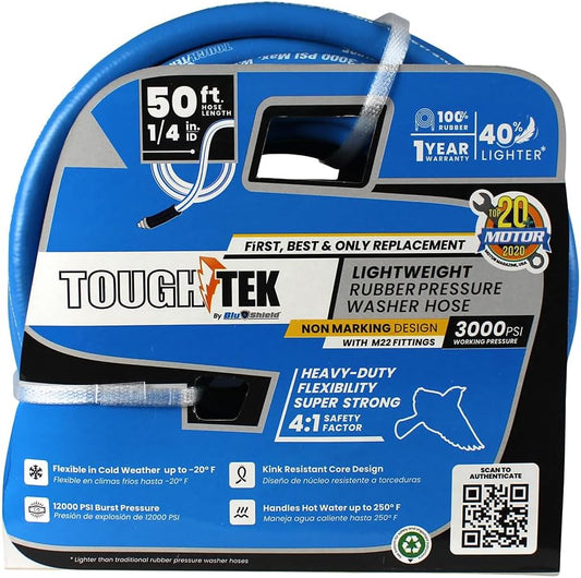 Tough-Tek Rubber Pressure Washing Hose 1/4" x 50' with M22 Coupler – Blue