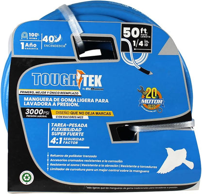 Tough-Tek Rubber Pressure Washing Hose 1/4" x 50' with M22 Coupler – Blue