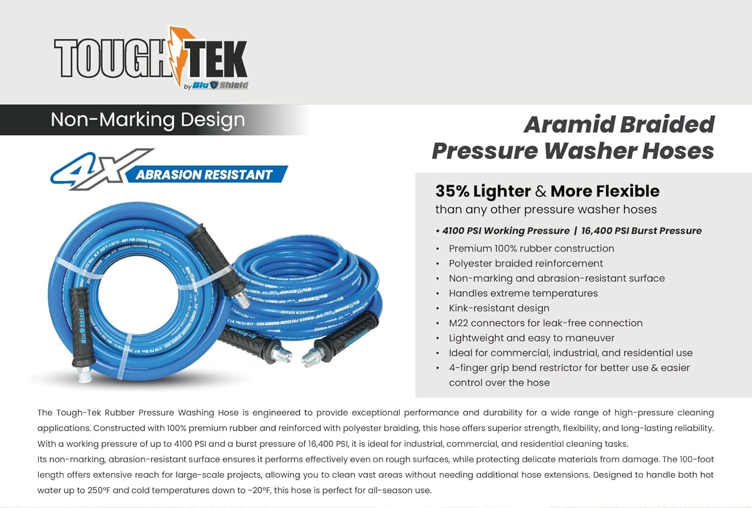 Tough-Tek TTPW38200-NM 3/8" x 200' Rubber Pressure Washer Hose: 4000 PSI