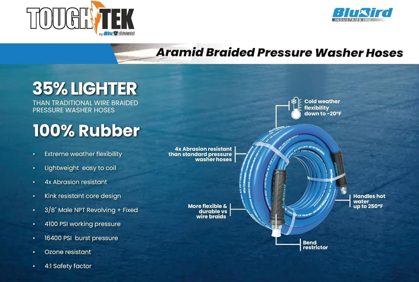 Tough-Tek TTPW38200-NM 3/8" x 200' Rubber Pressure Washer Hose: 4000 PSI