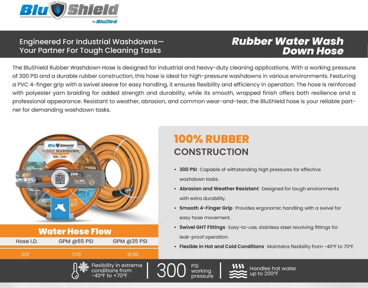 WD34100 3/4" x 100' Heavy-Duty Rubber Washdown Hose - 300 PSI, Oil-Resistant