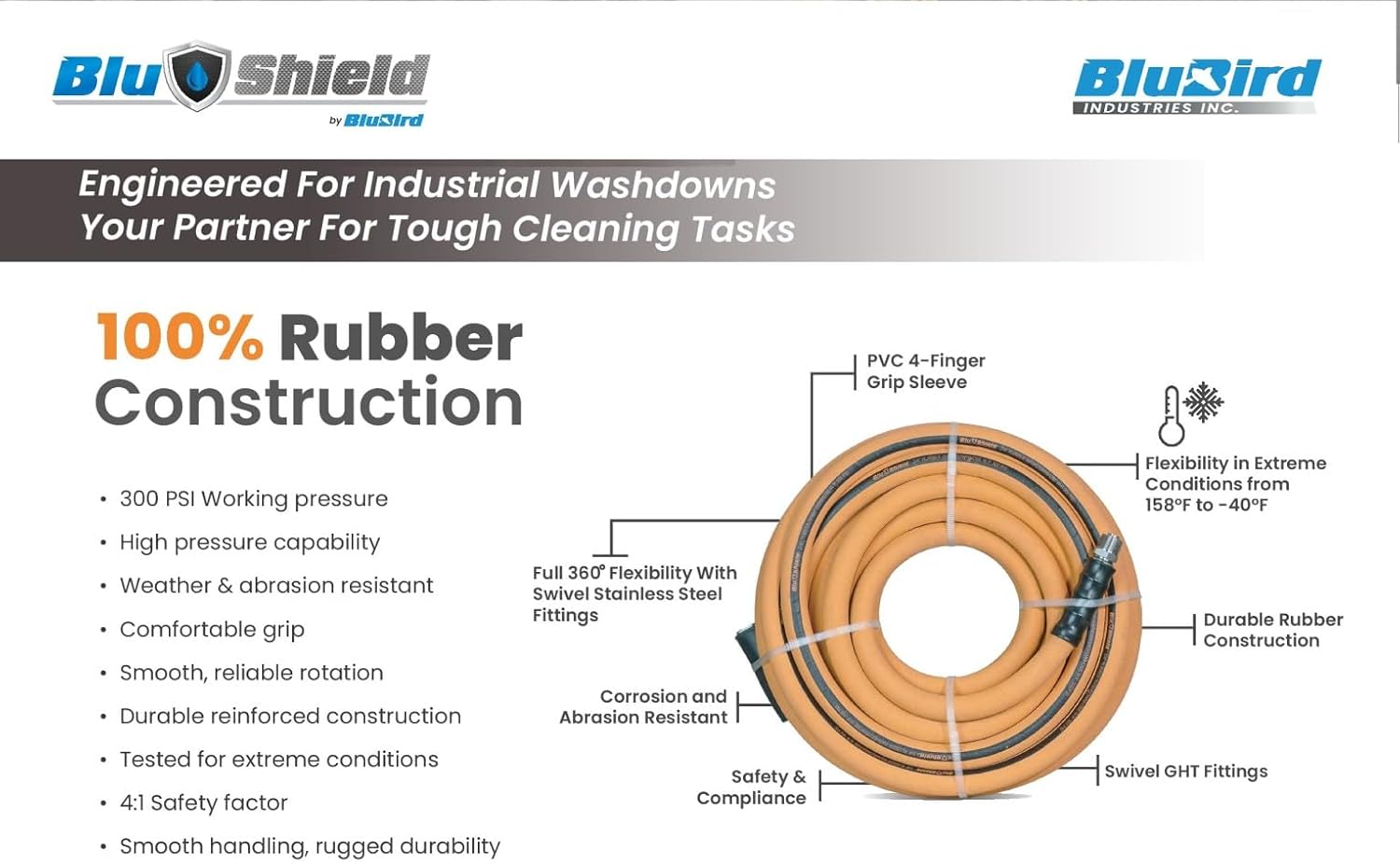 WD34100 3/4" x 100' Heavy-Duty Rubber Washdown Hose - 300 PSI, Oil-Resistant