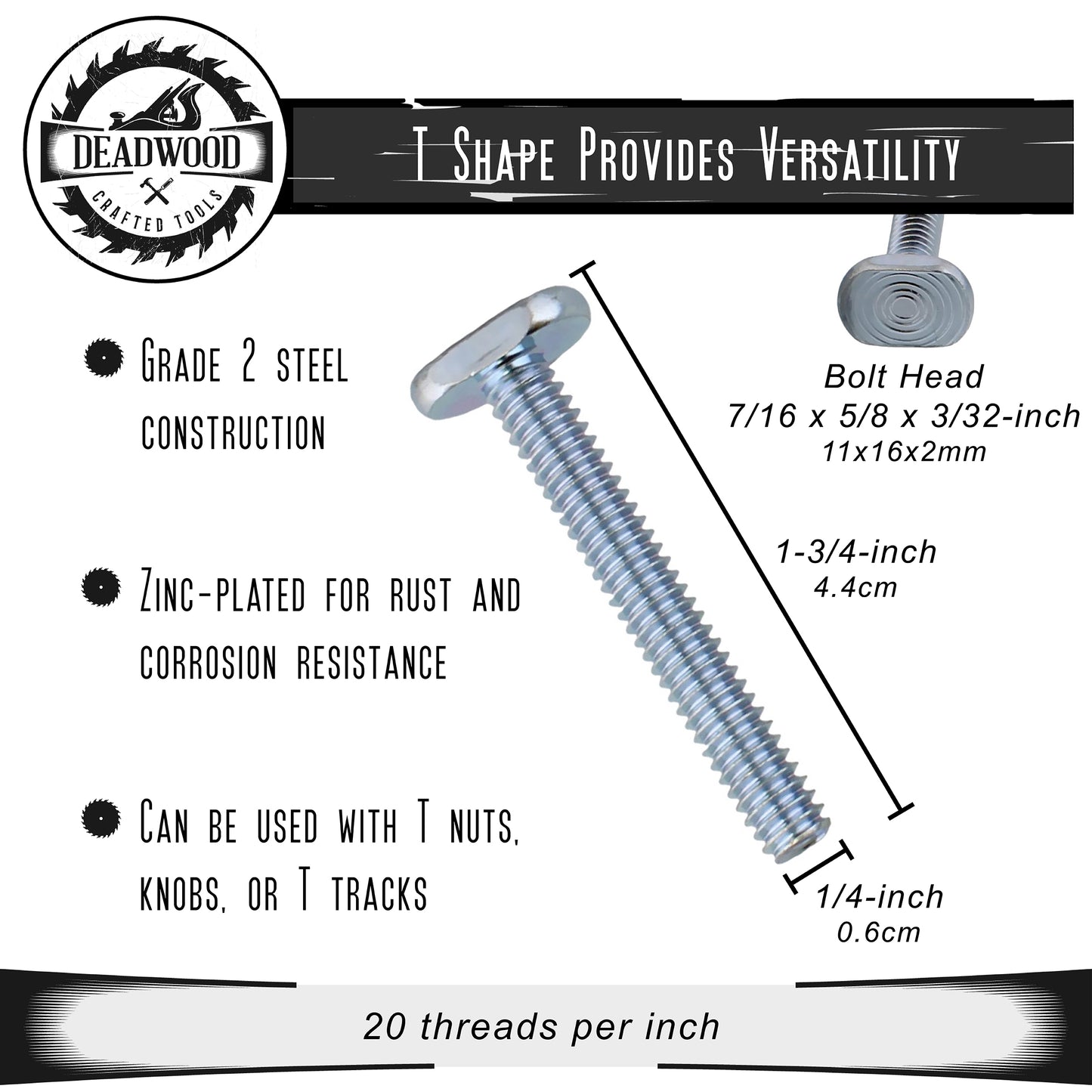 Tee Bolt Set – 20 Pc 1-3/4” Inch T Bolts Woodworking, 1/4" Inch Thread