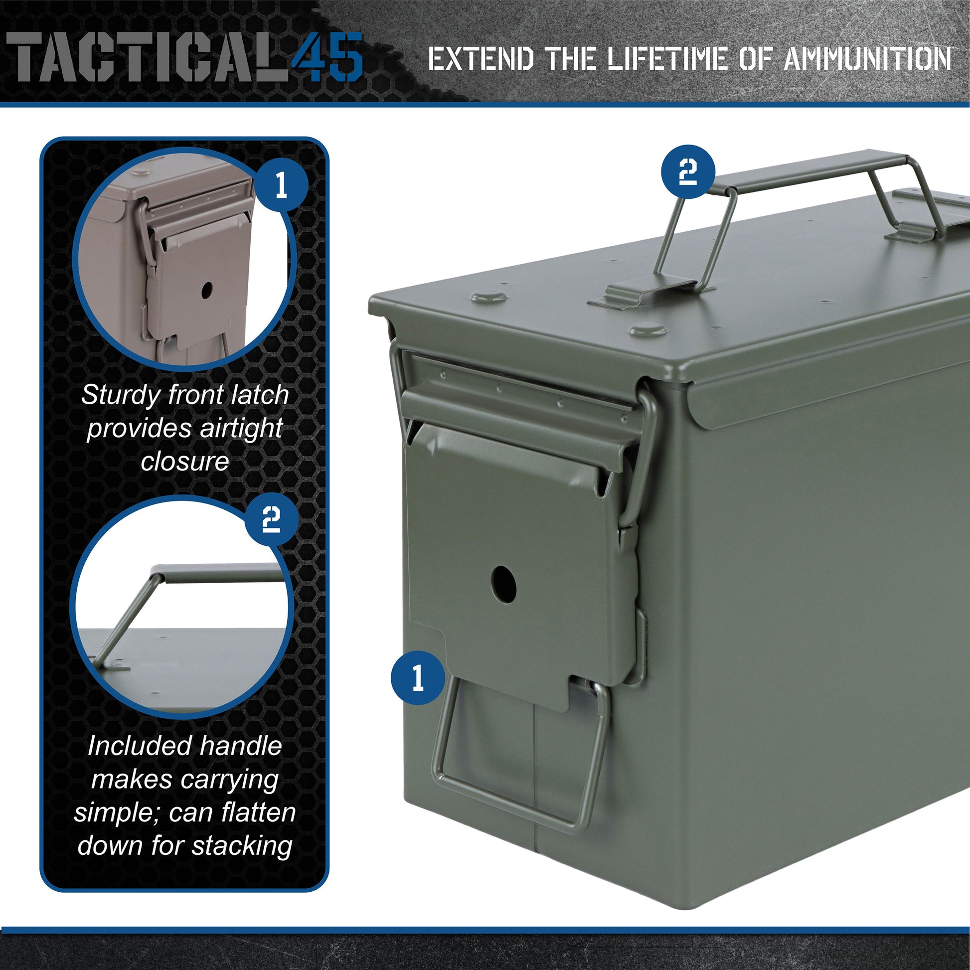 M2A2 50 Cal Ammo Can Steel Green Ammo Storage with Front Latch