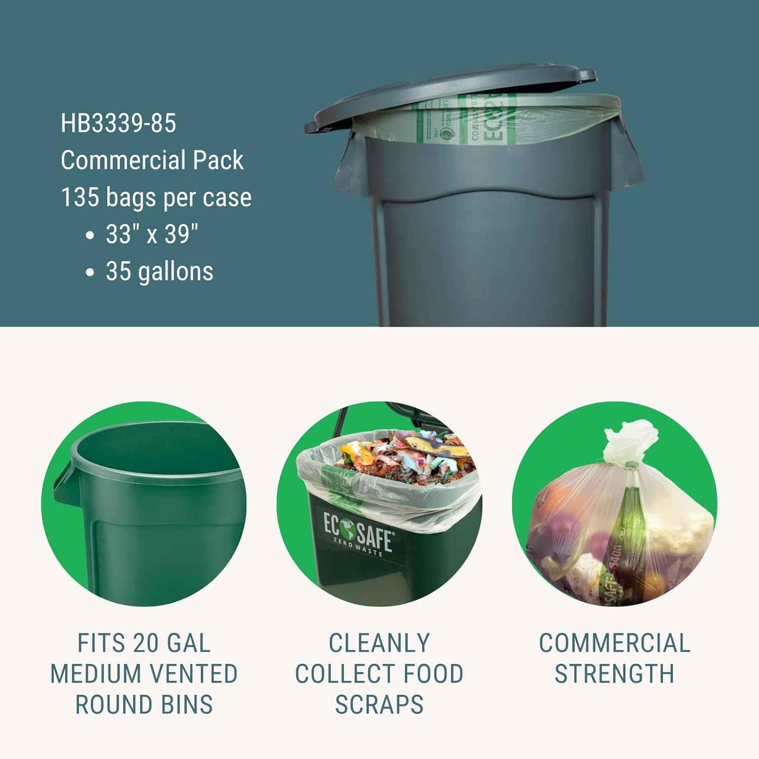 6400 HB3339-85 Certified Compostable Bag for 35 Gallon Bin - Pack of 135