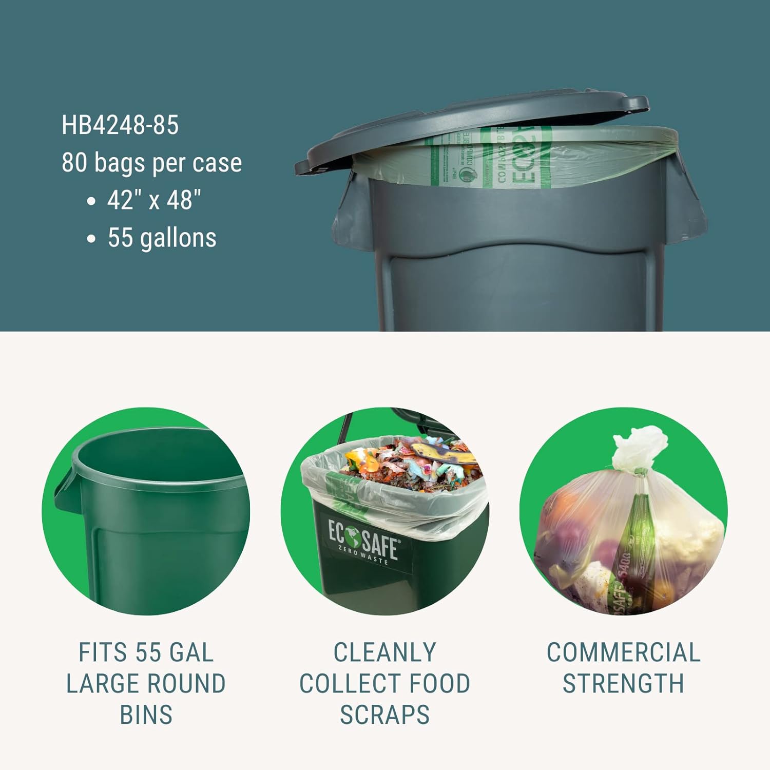 EcoSafe-6400 HB4248-85 Certified Compostable Bags for 55 Gallon Bin - Pack of 80
