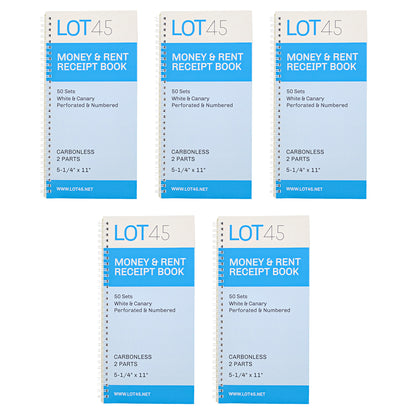 Money Rent Receipt Book 5 Piece Set - 5x11in - 2 Part Carbonless Books
