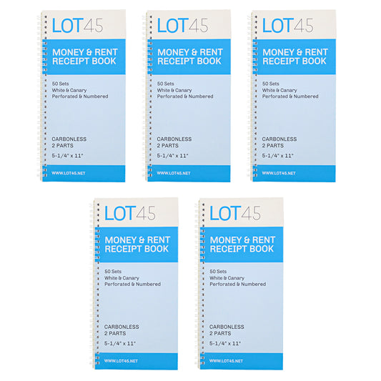 Money Rent Receipt Book 5 Piece Set - 5x11in - 2 Part Carbonless Books