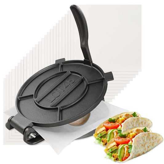 Tortilla Maker - Cast Iron Roti Press with Parchment Paper Sheets