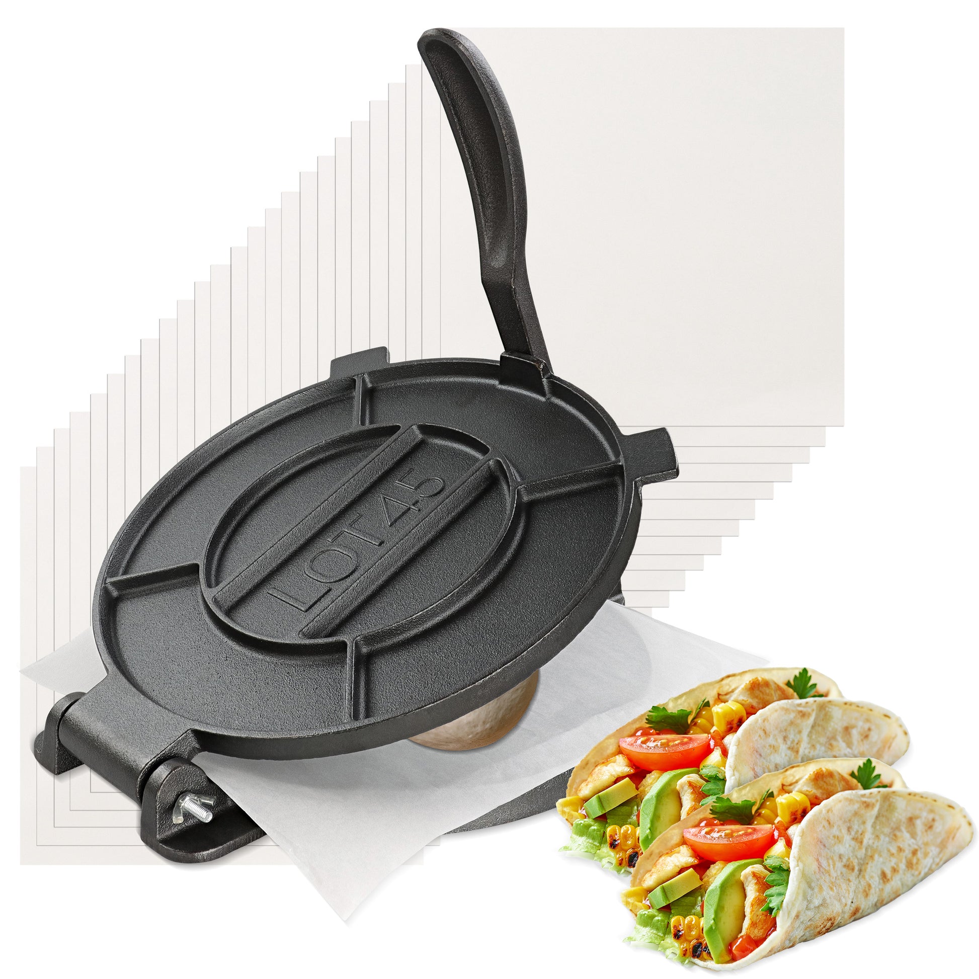 10in Tortilla Maker - Cast Iron Roti Press with 100 Parchment Sheets