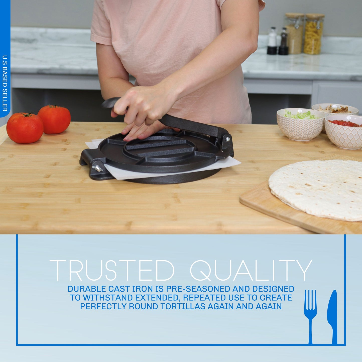 10in Tortilla Maker - Cast Iron Roti Press with 100 Parchment Sheets