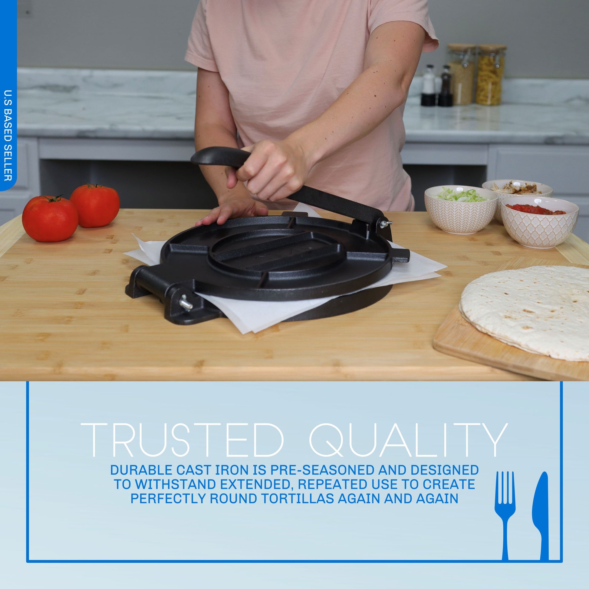 12in Tortilla Maker - Cast Iron Roti Press with 50 Parchment Sheets
