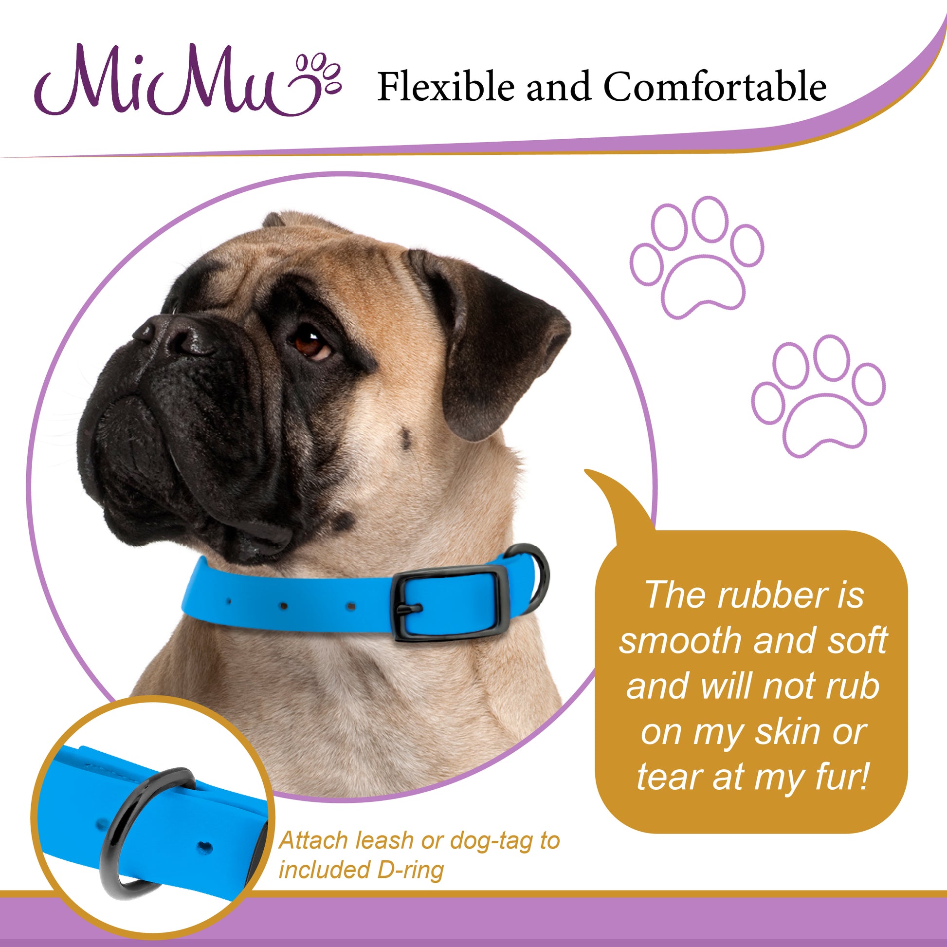 Large Silicone Dog Collar - Blue 30in Dog Collar with Prong Buckle