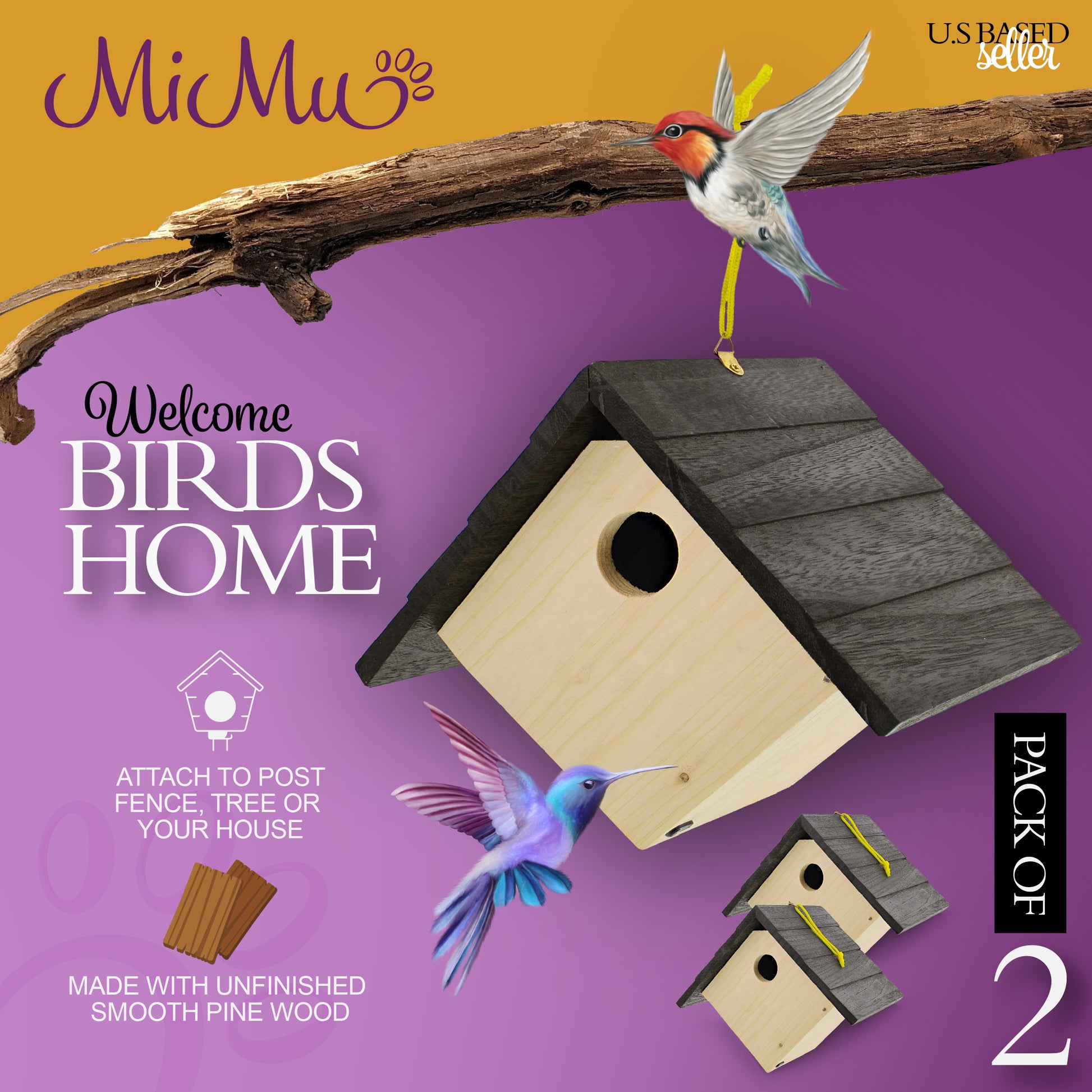 6in Unfinished Bird House Wood to Paint - 2pk Hanging Bird Houses