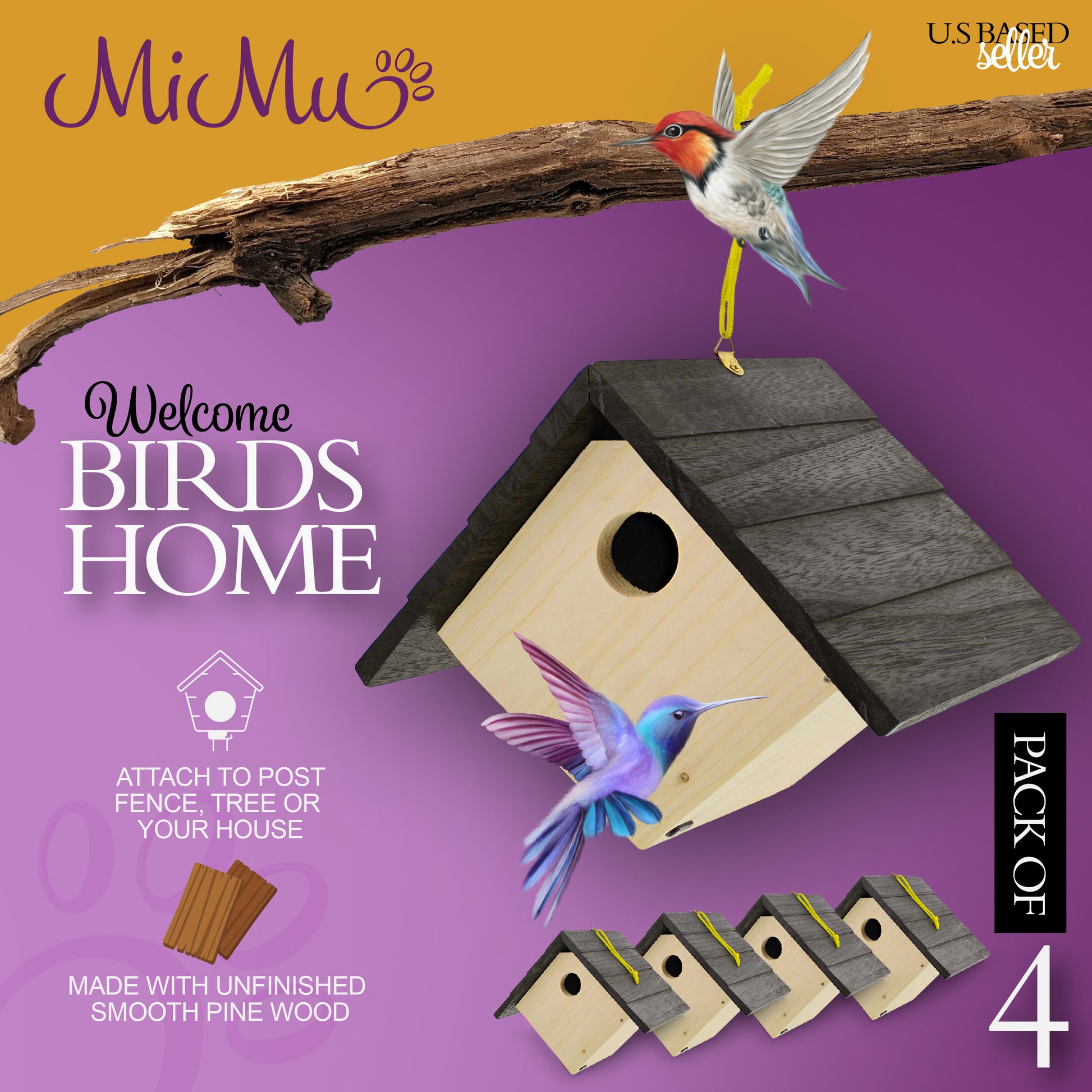 6in Unfinished Bird House Wood to Paint - 4pk Hanging Bird Houses
