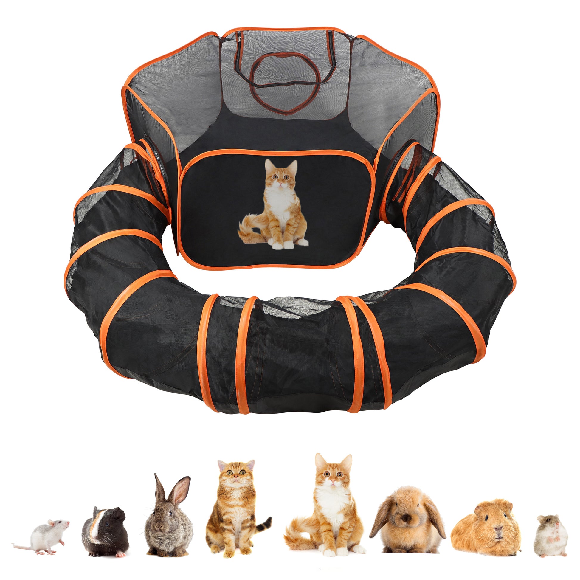 Portable Dog Playpen - Orange 4ft Pop-Up Travel Cat Tent with Tunnel
