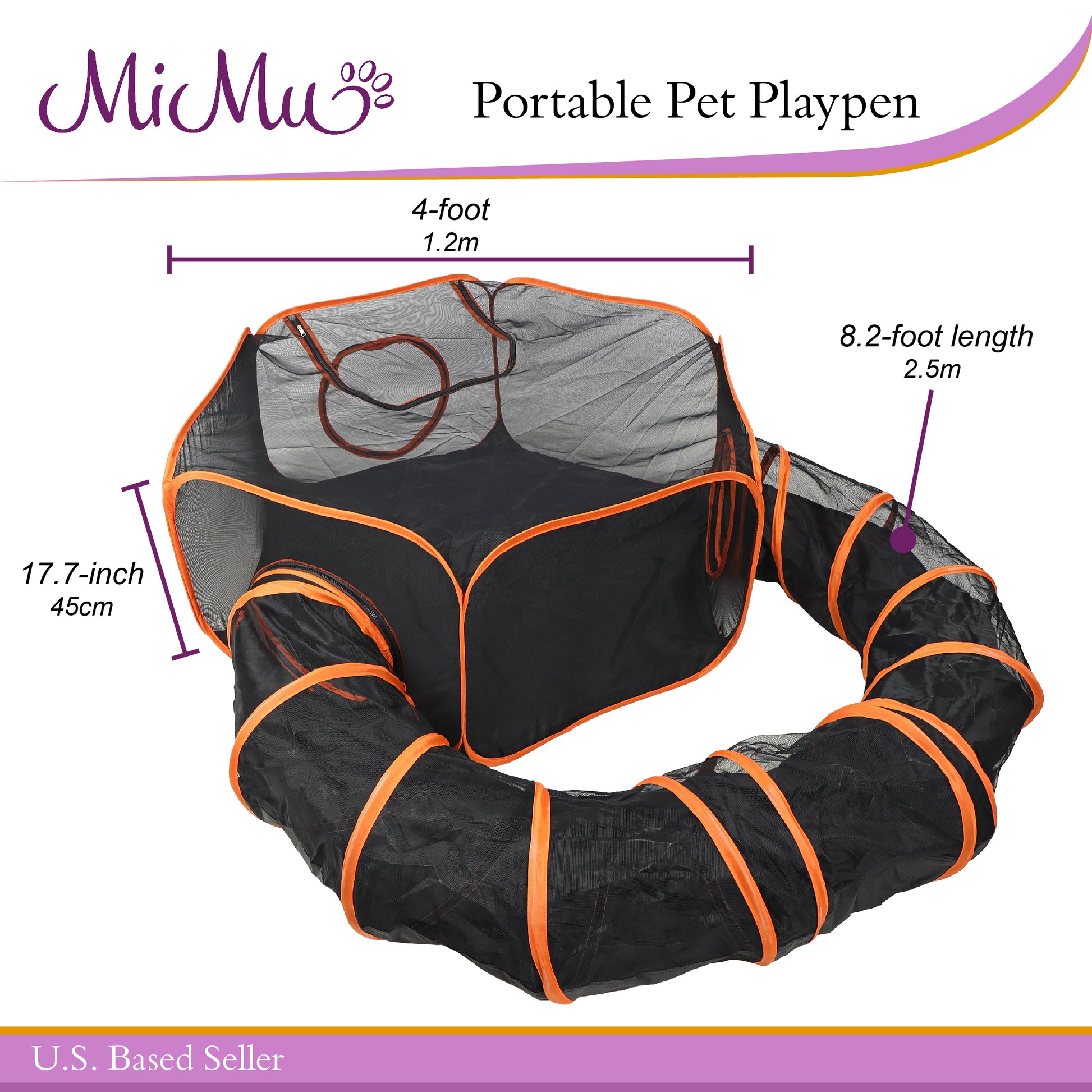 Portable Dog Playpen - Orange 4ft Pop-Up Travel Cat Tent with Tunnel