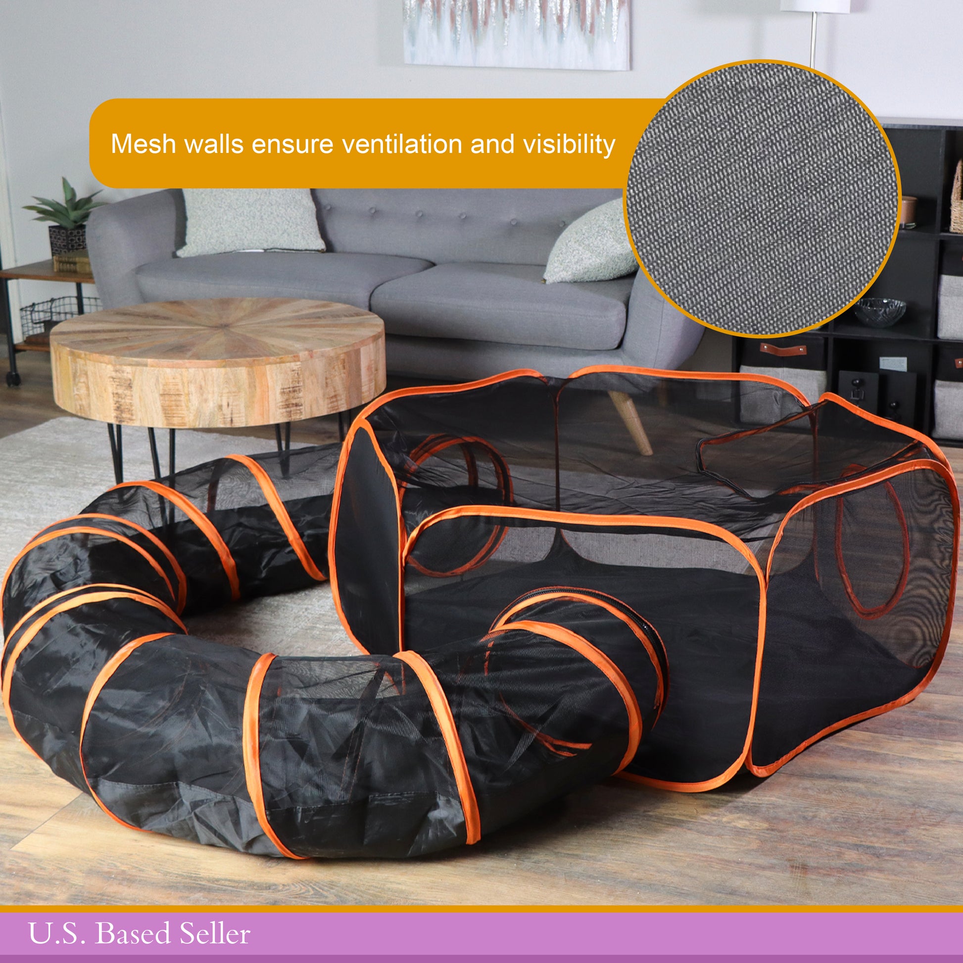Portable Dog Playpen - Orange 4ft Pop-Up Travel Cat Tent with Tunnel