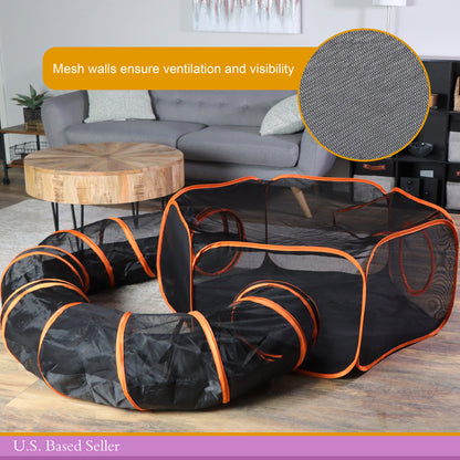 Portable Dog Playpen - Orange 4ft Pop-Up Travel Cat Tent with Tunnel