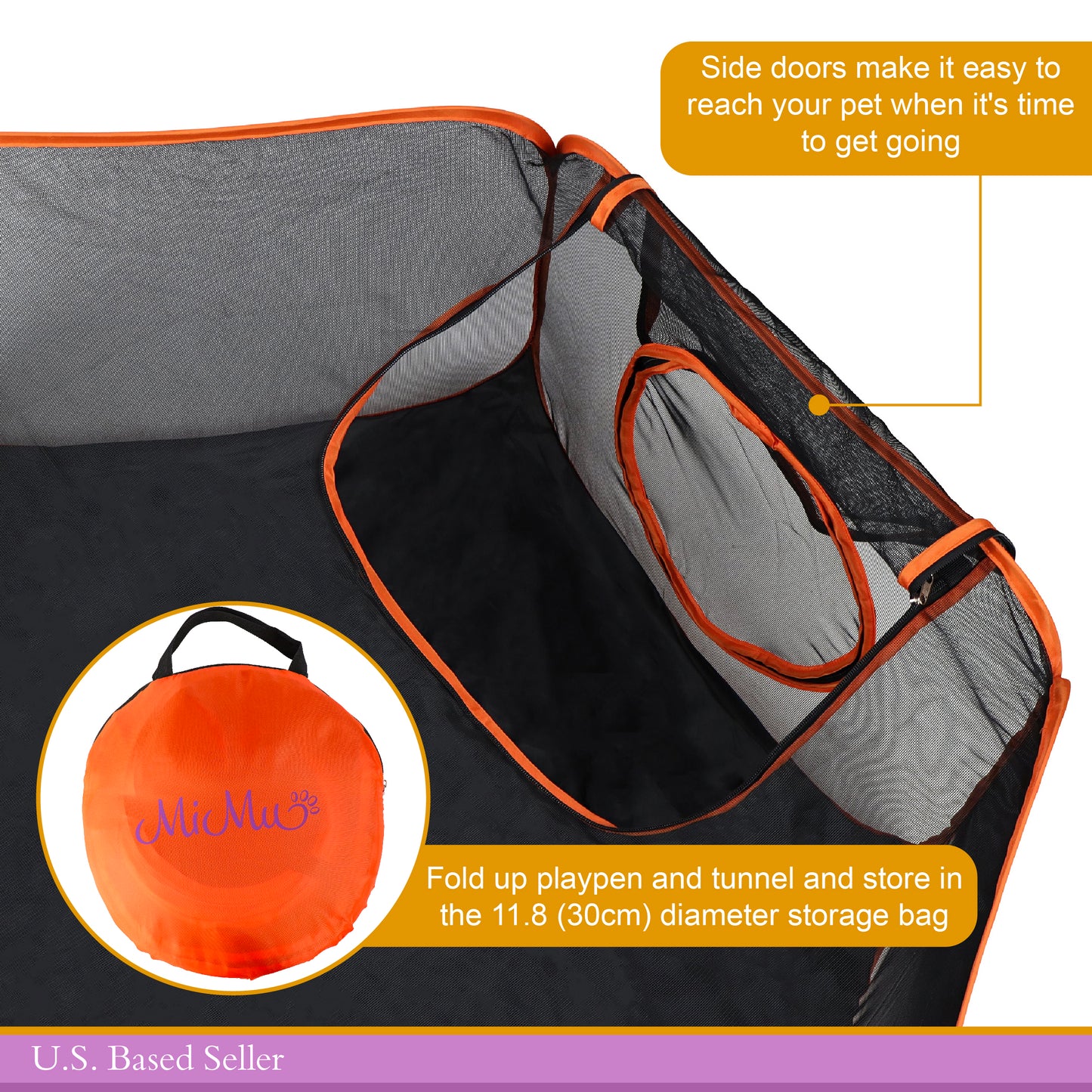 Portable Dog Playpen - Orange 4ft Pop-Up Travel Cat Tent with Tunnel