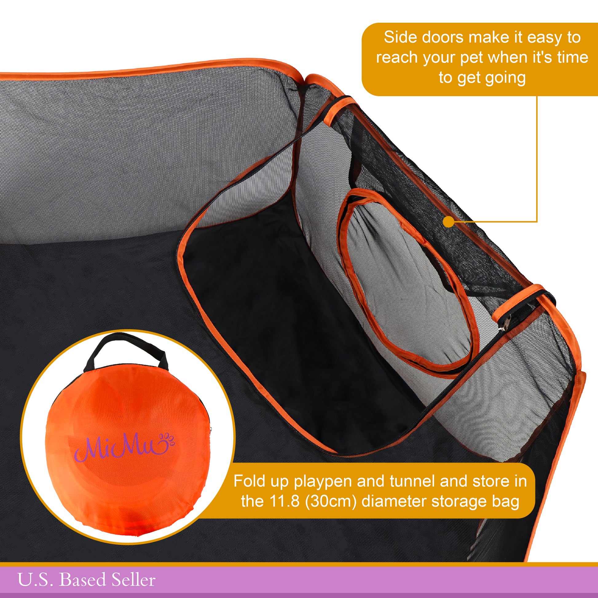 Portable Dog Playpen - Orange 4ft Pop-Up Travel Cat Tent with Tunnel