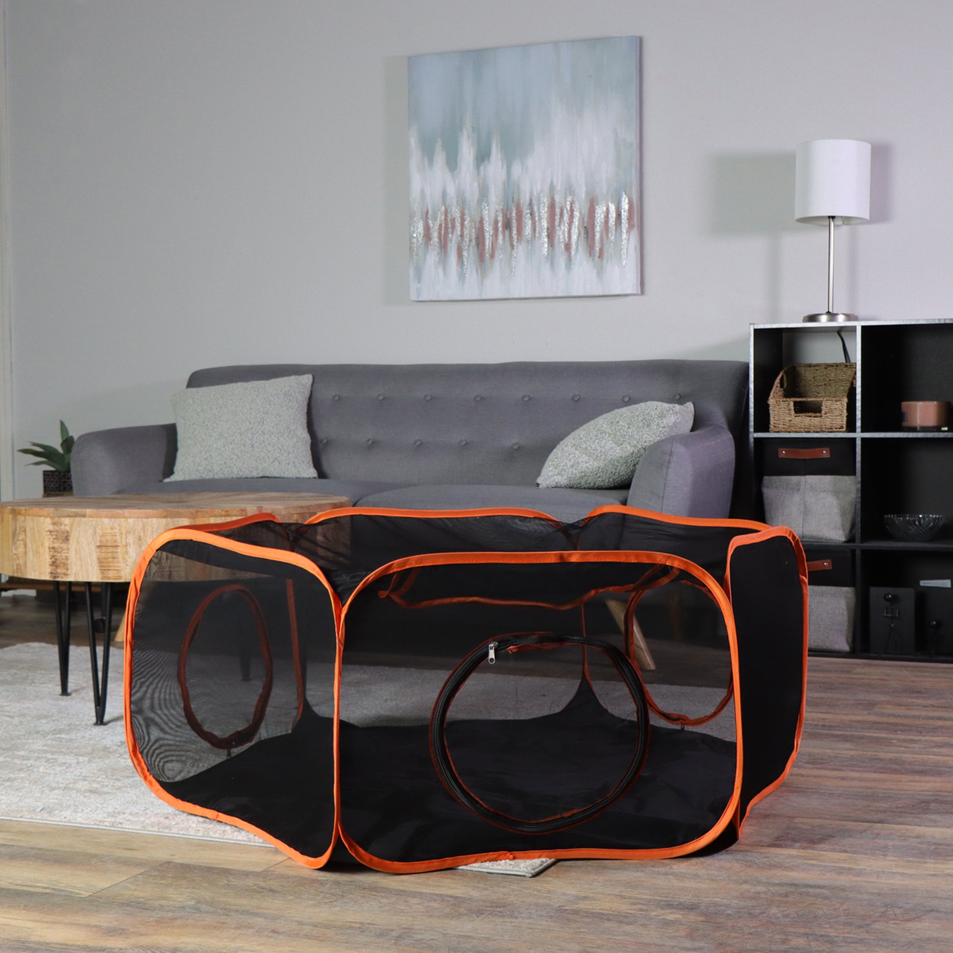 Portable Dog Playpen - Orange 4ft Pop-Up Travel Cat Tent with Tunnel