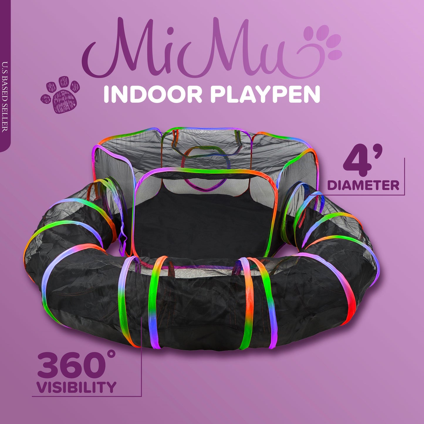 Portable Dog Playpen - Rainbow 4ft Pop-Up Travel Cat Tent with Tunnel