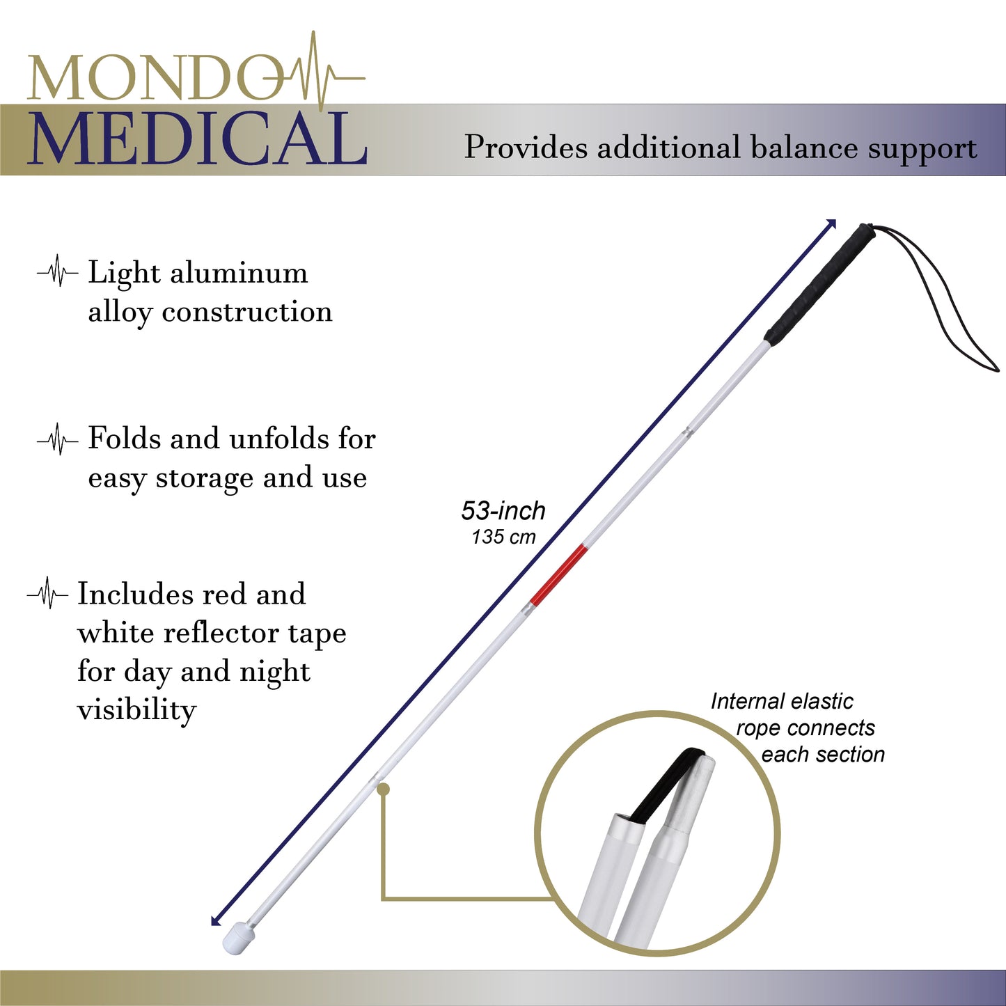 Foldable Blind Person Stick - 53in Reflective Blind Cane Walking Stick