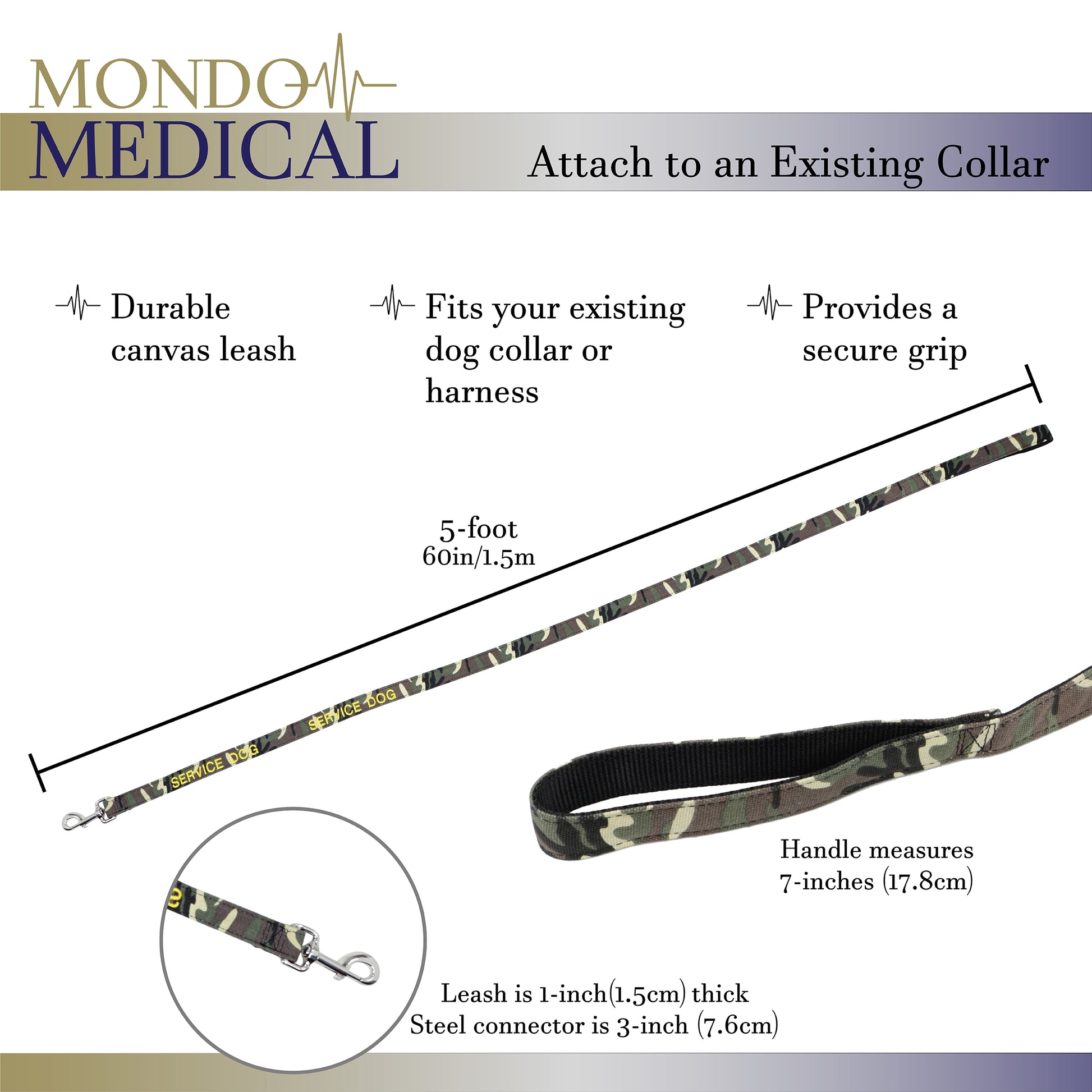 Service Dog Leash - 5ft Camo Canvas SERVICE DOG Lead