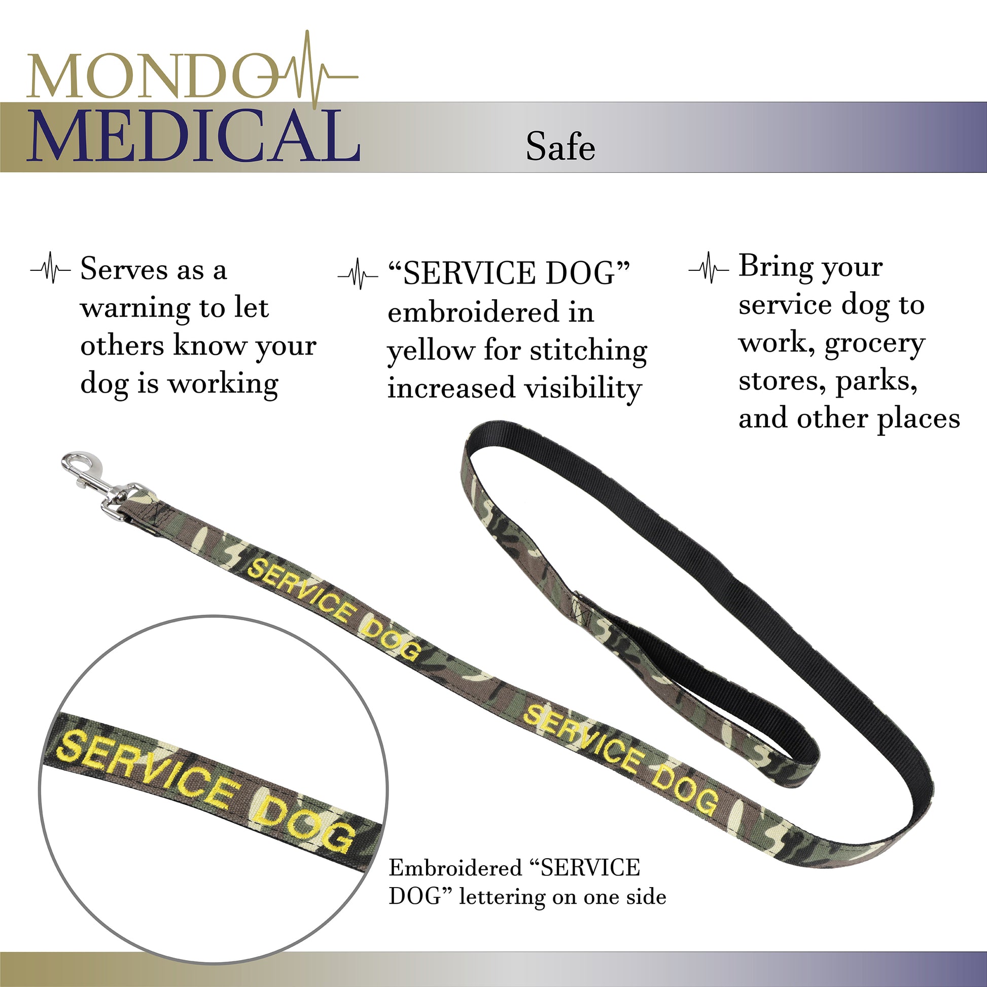 Service Dog Leash - 5ft Camo Canvas SERVICE DOG Lead